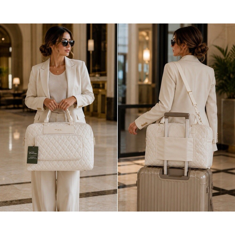 Bella Russo Quilted 17.7" Weekender Duffle Travel Bag Cream White w/Dustbag NWT